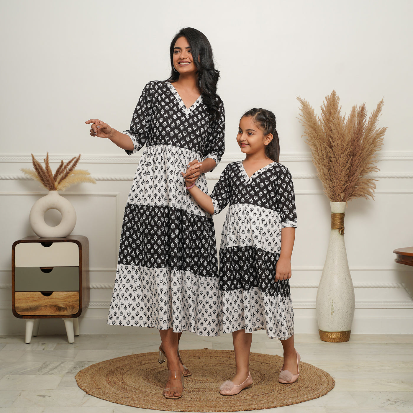 'Monochrome Fusion' Mom and Daughter Tiered Cotton Dresses