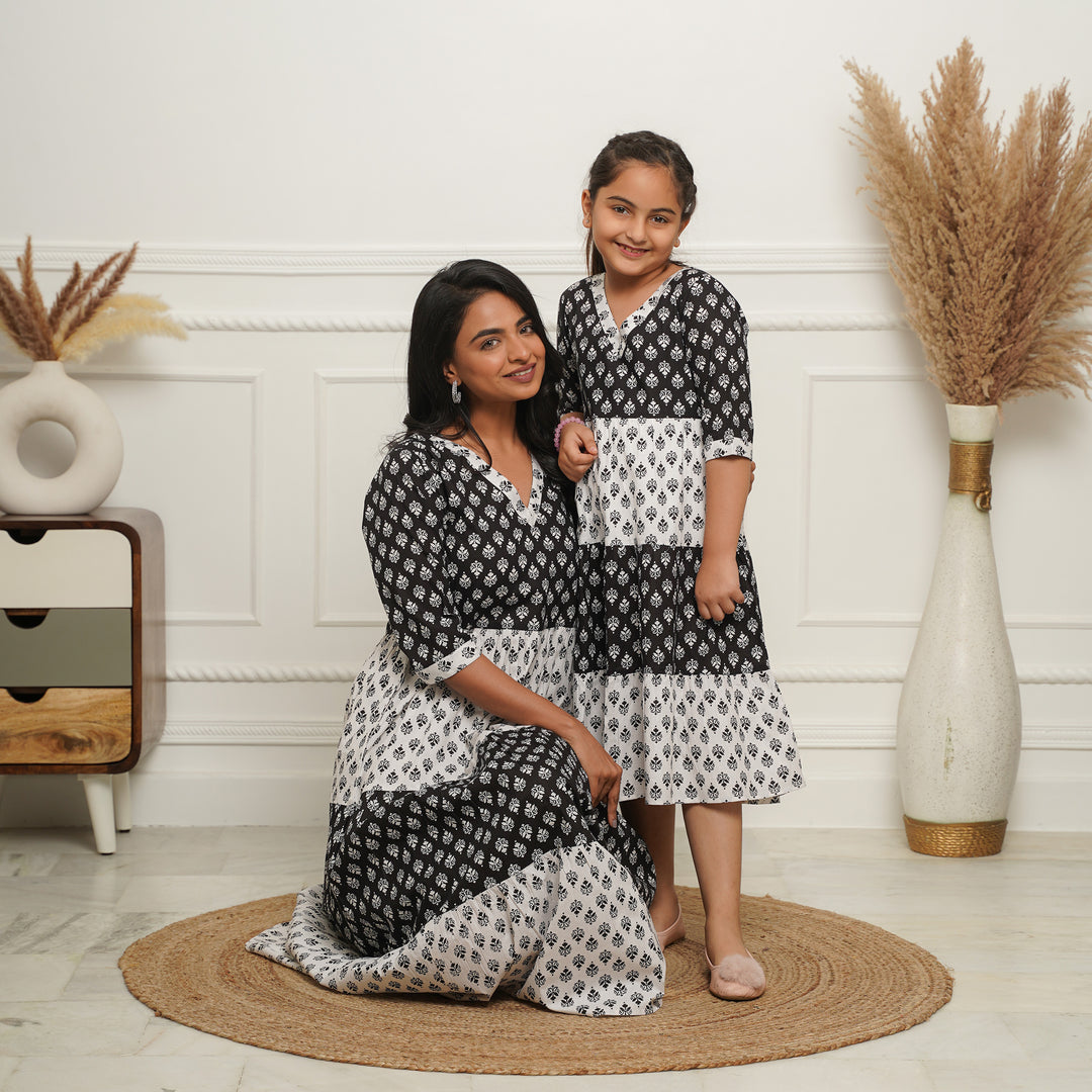 'Monochrome Fusion' Mom and Daughter Tiered Cotton Dresses