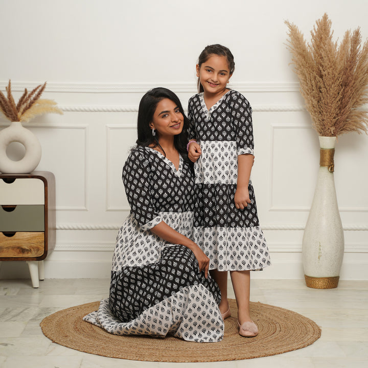 'Monochrome Fusion' Mom and Daughter Tiered Cotton Dresses