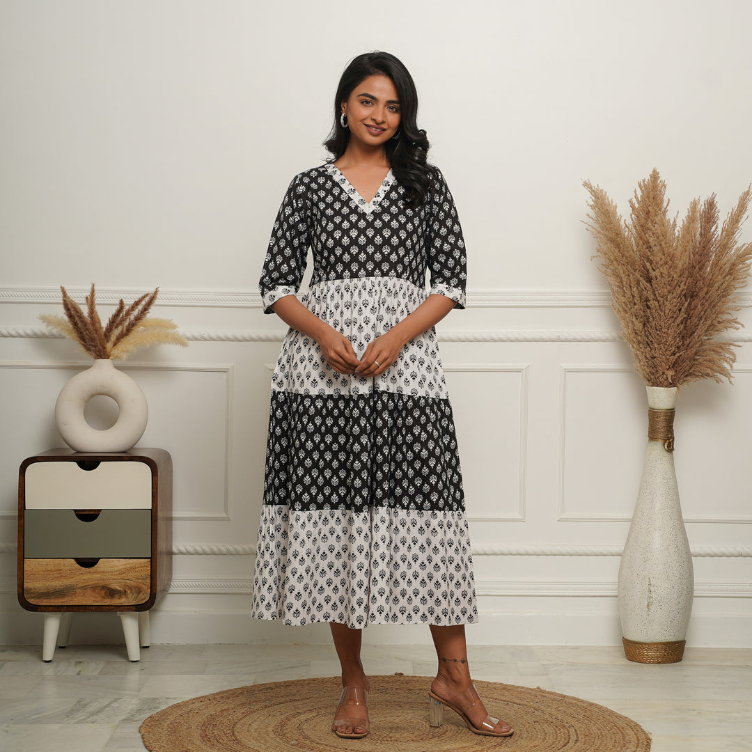 'Monochrome Fusion' Mom and Daughter Tiered Cotton Dresses