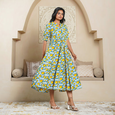 'Teal Daisy' Tiered Cotton Midi Dress with Pockets