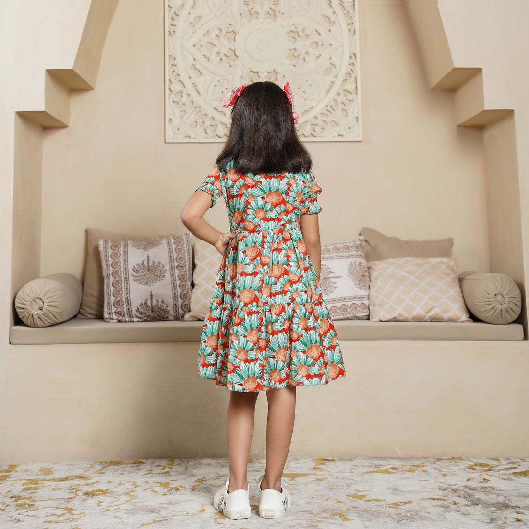'Orange Daisy' Tiered Girl's Cotton Dress