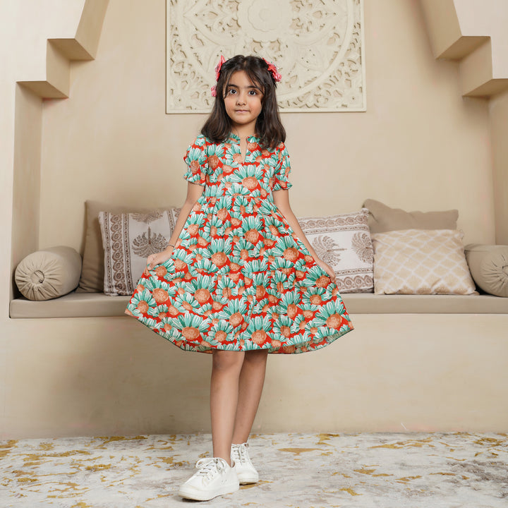 'Orange Daisy' Tiered Girl's Cotton Dress