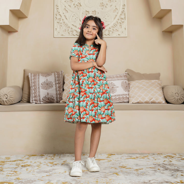 'Orange Daisy' Tiered Girl's Cotton Dress