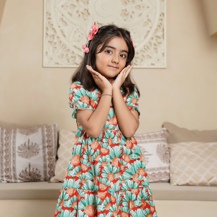 'Orange Daisy' Tiered Mom and Daughter Cotton Dresses