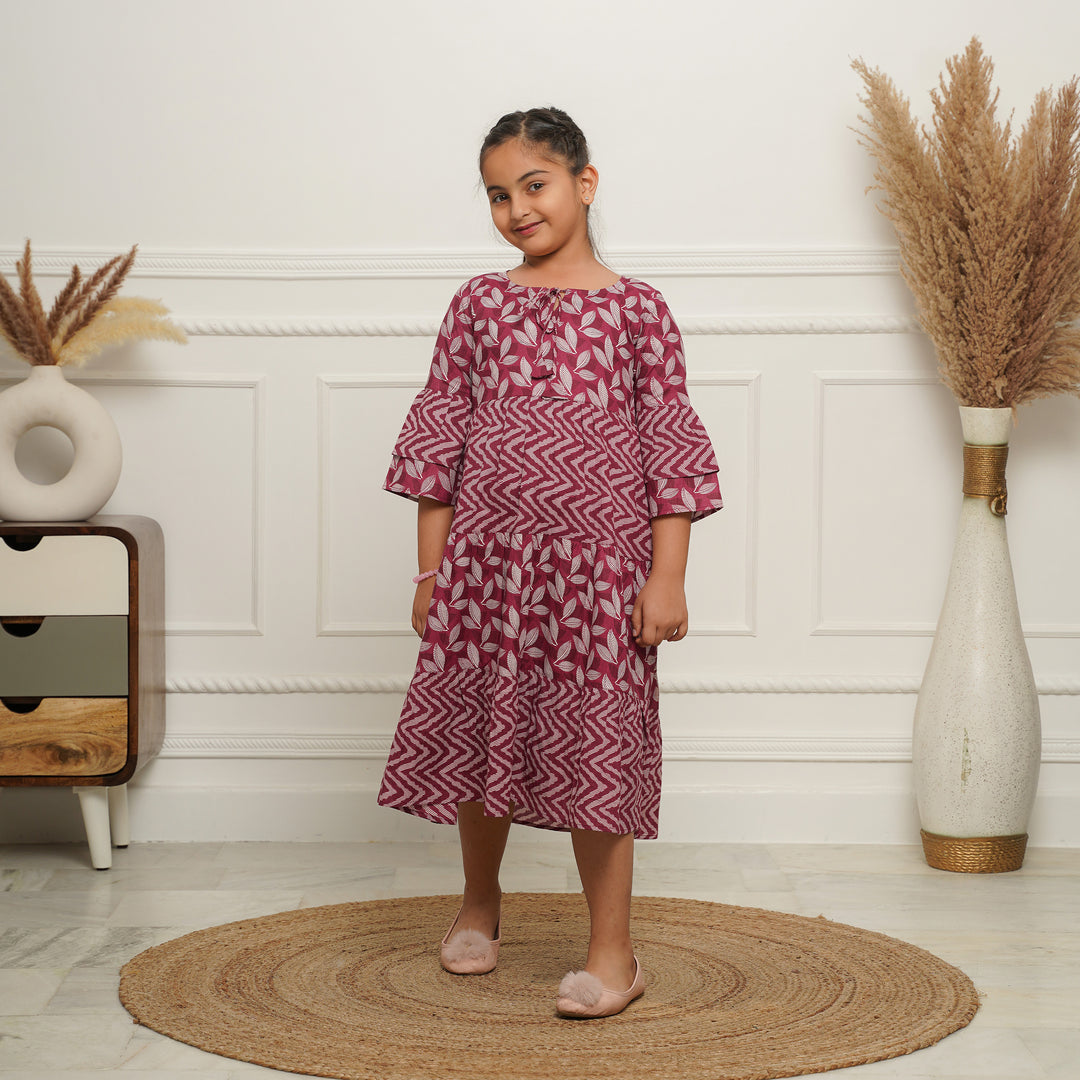 Wine Motif 3-Tiered Girl's Cotton Dress
