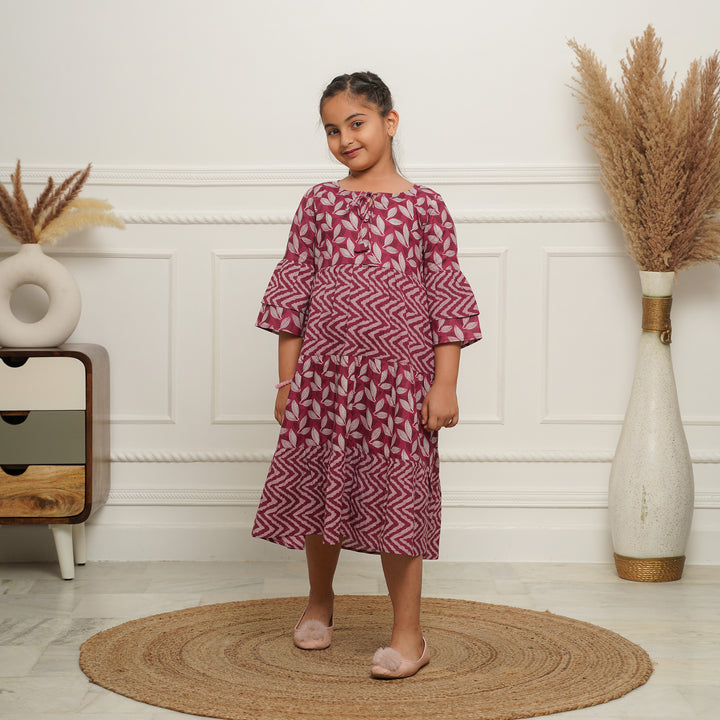 Wine Motif 3-Tiered Girl's Cotton Dress
