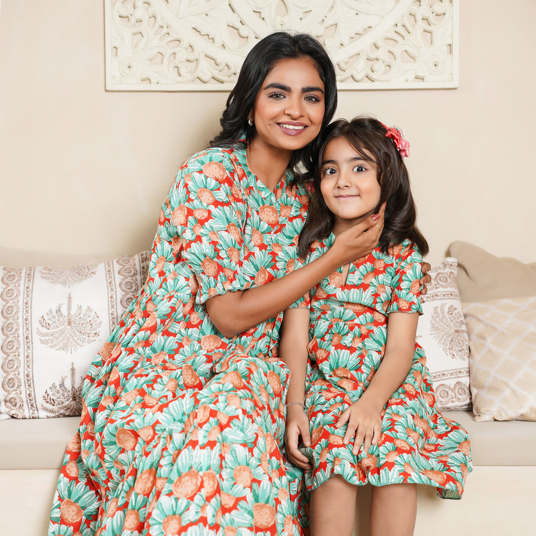 'Orange Daisy' Tiered Mom and Daughter Cotton Dresses