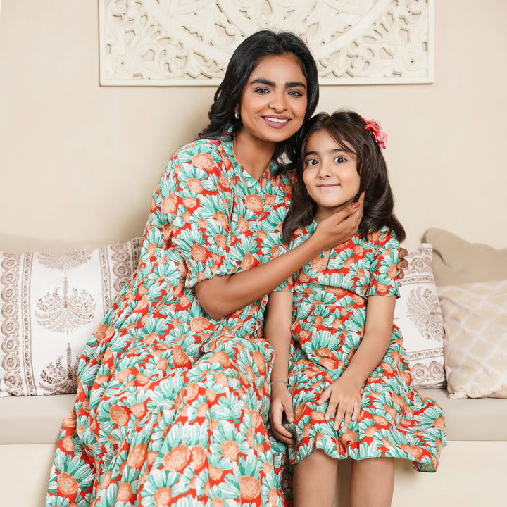 'Orange Daisy' Tiered Mom and Daughter Cotton Dresses