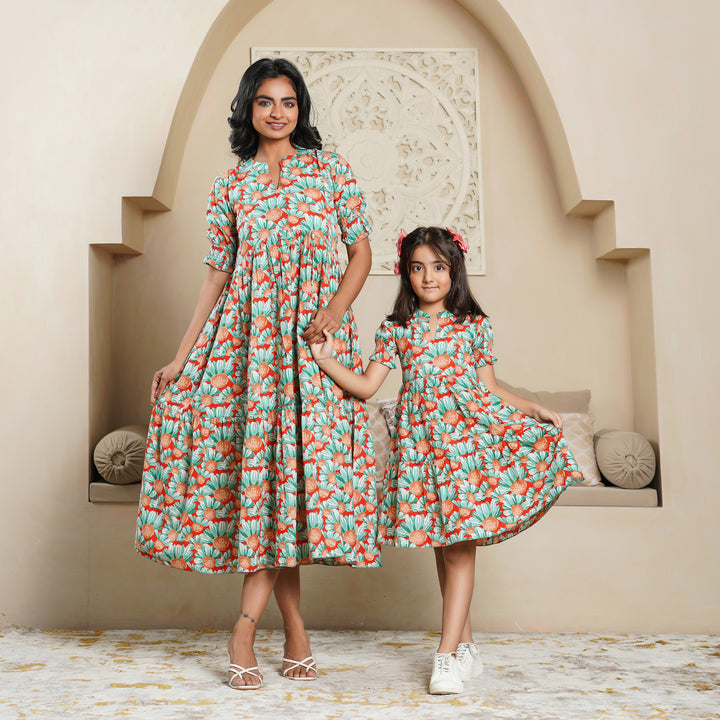 'Orange Daisy' Tiered Mom and Daughter Cotton Dresses