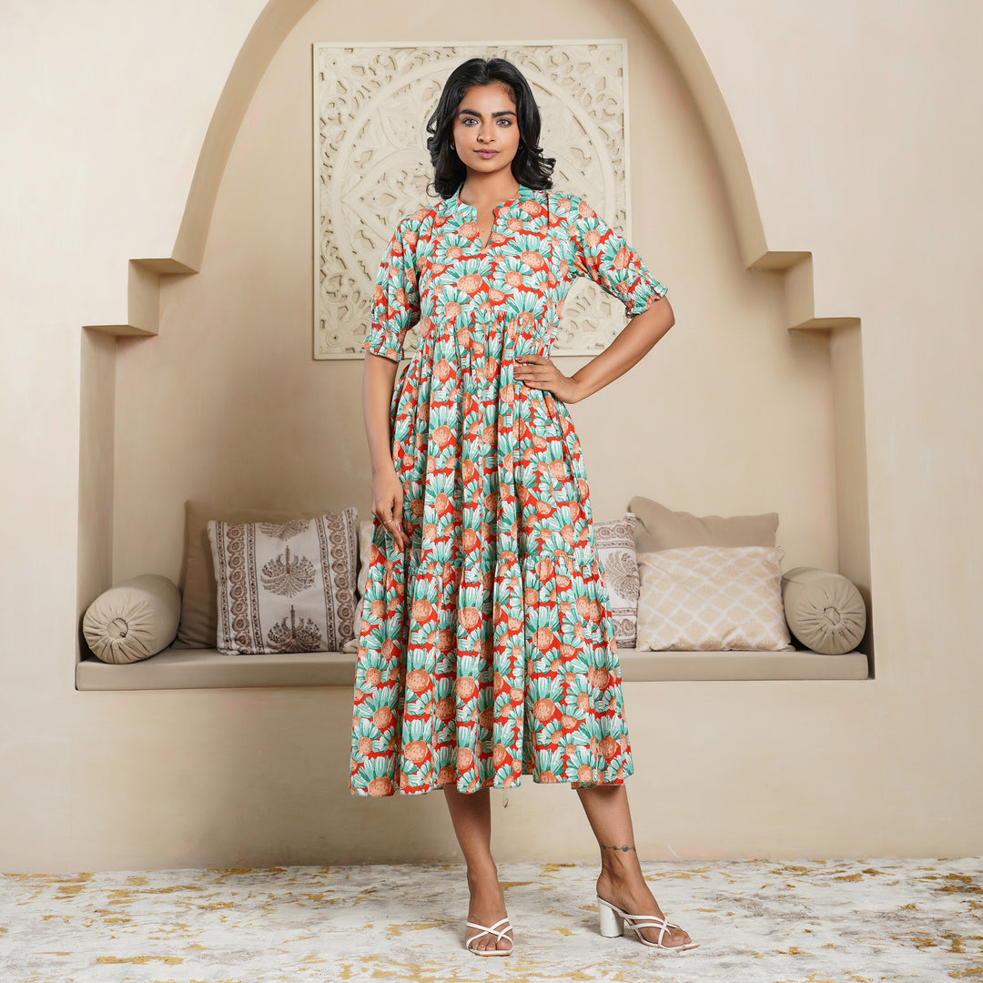 'Orange Daisy' Tiered Mom and Daughter Cotton Dresses