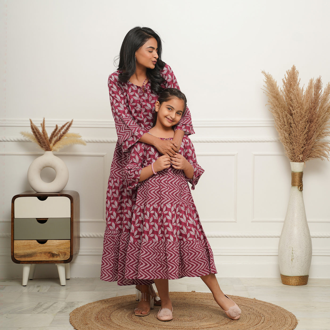 'Wine Motif' Mom and Daughter Tiered Cotton Dresses