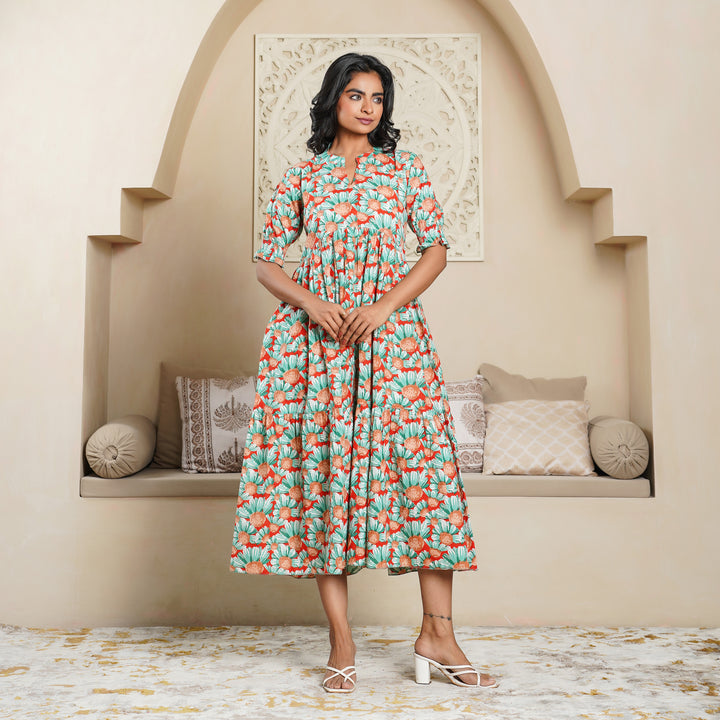 'Orange Daisy' Tiered Cotton Midi Dress with Pockets