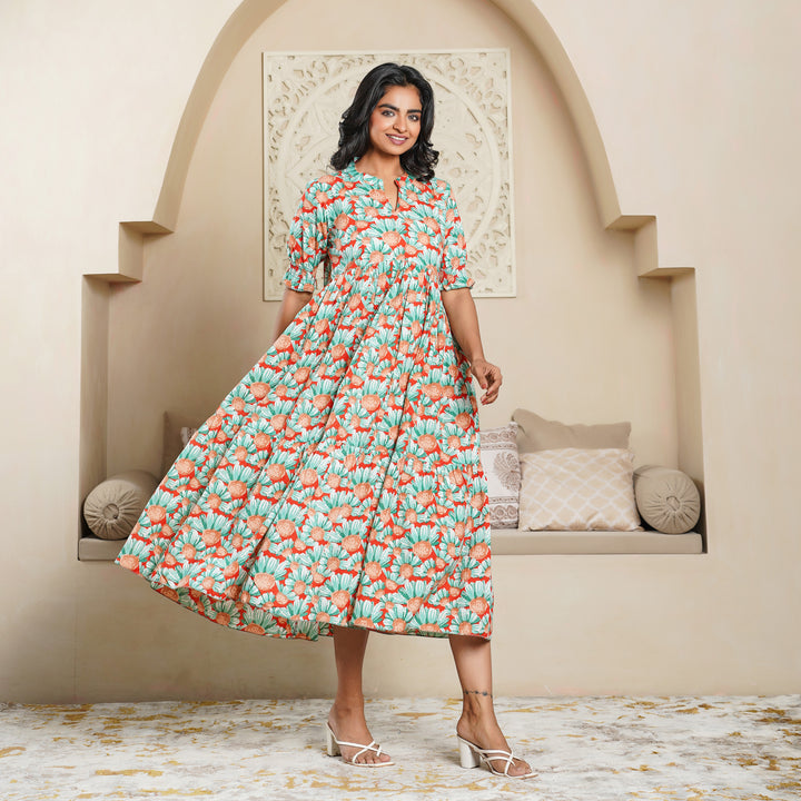 'Orange Daisy' Tiered Cotton Midi Dress with Pockets