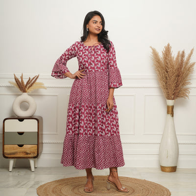 'Wine Motif' 3-Tiered Cotton Long Dress with Pockets