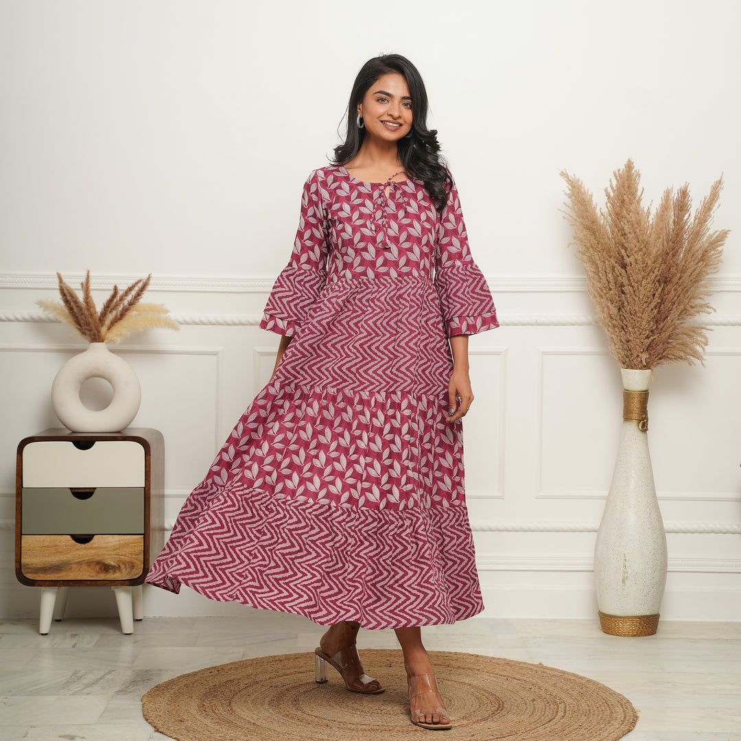 'Wine Motif' 3-Tiered Cotton Long Dress with Pockets