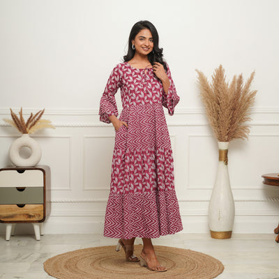 'Wine Motif' 3-Tiered Cotton Long Dress with Pockets