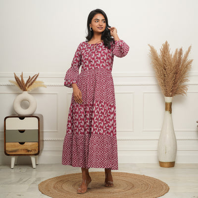 'Wine Motif' 3-Tiered Cotton Long Dress with Pockets