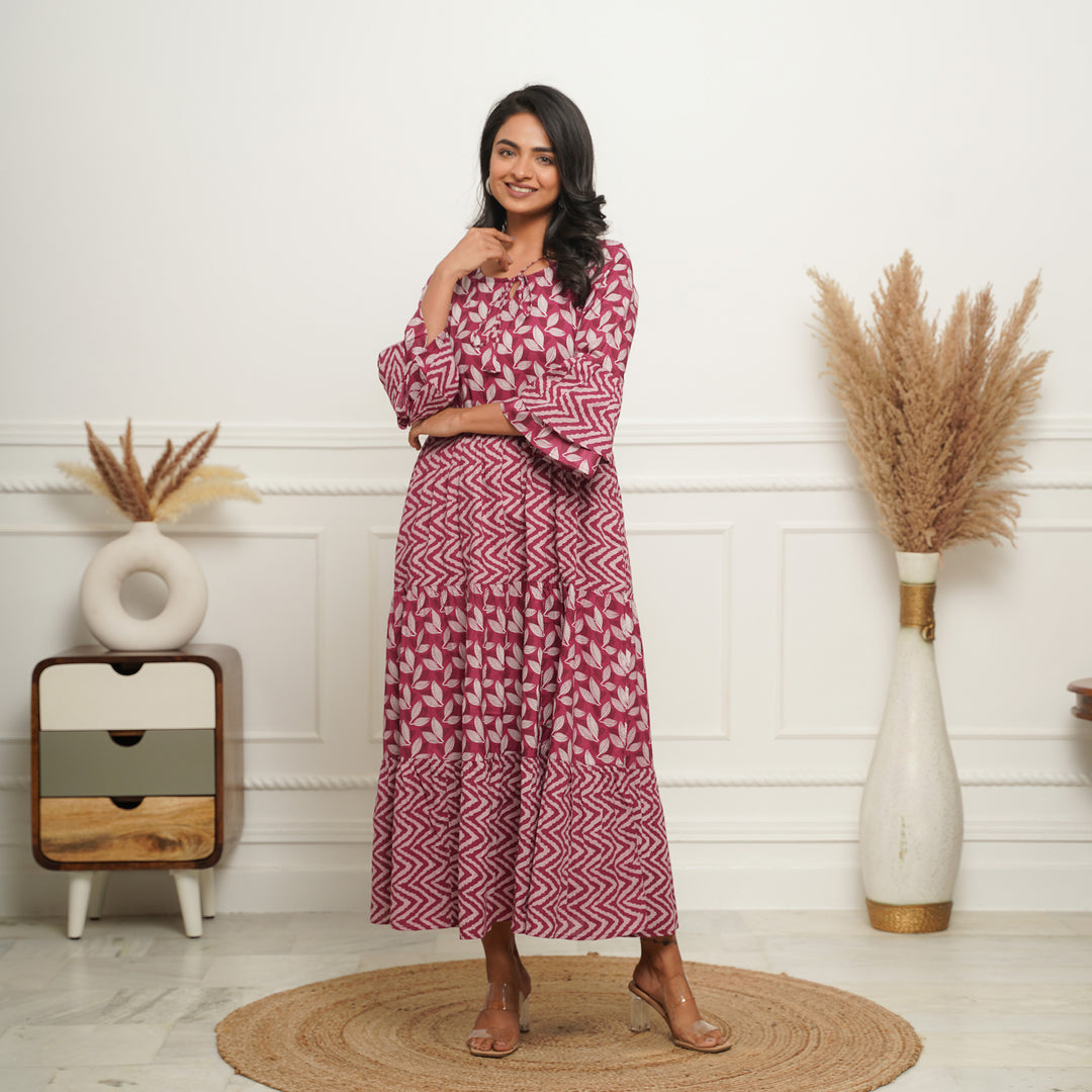 'Wine Motif' 3-Tiered Cotton Long Dress with Pockets