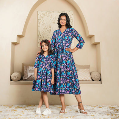 'Blue Lush' Mom and Daughter Cotton Dresses