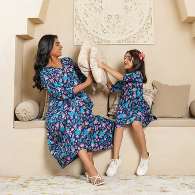 'Blue Lush' Mom and Daughter Cotton Dresses