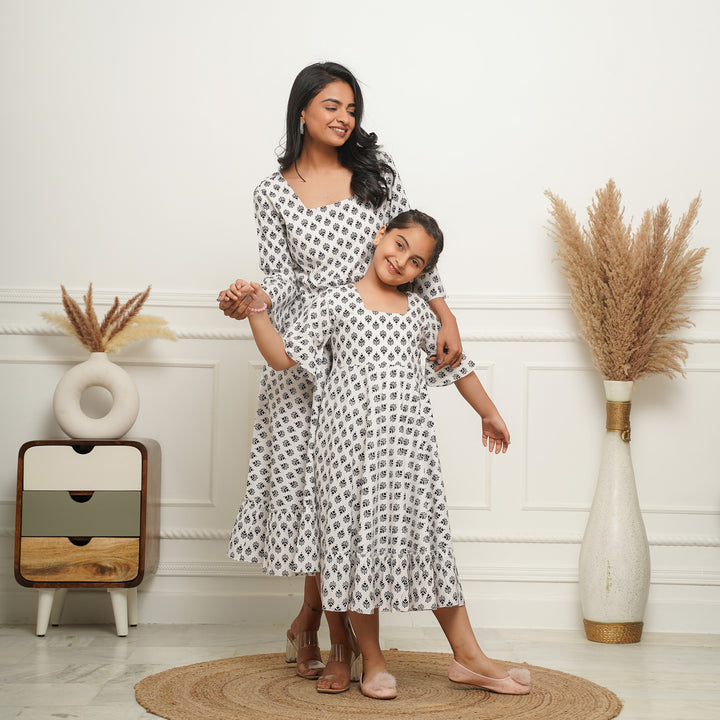 White Booti Mom and Daughter Cotton Dresses