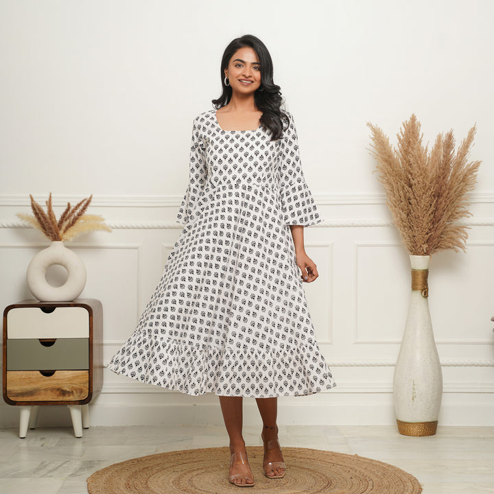 White Booti Cotton Midi Dress with Pockets