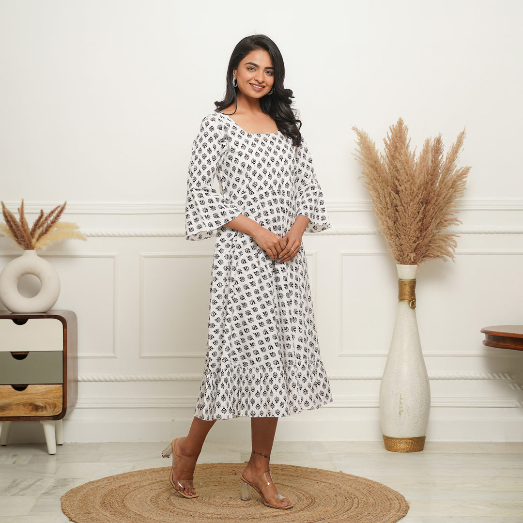 White Booti Cotton Midi Dress with Pockets