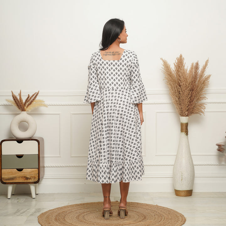 White Booti Cotton Midi Dress with Pockets