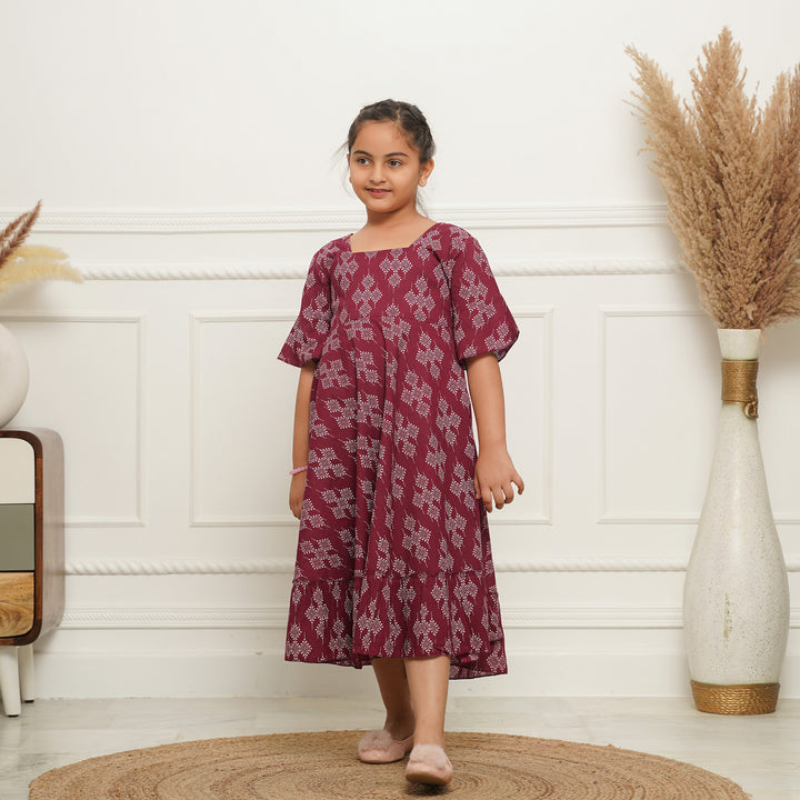 Dots on Wine Girl's Cotton Dress