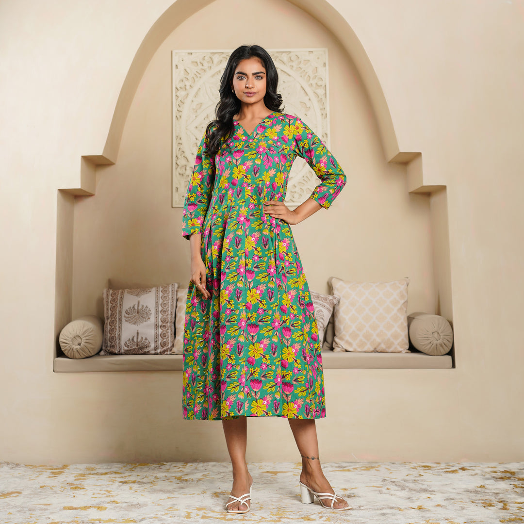 Green Lush' Cotton Midi Dress with Pockets Fashiana Green Lush' Cotton Midi Dress with Pockets Fashiana