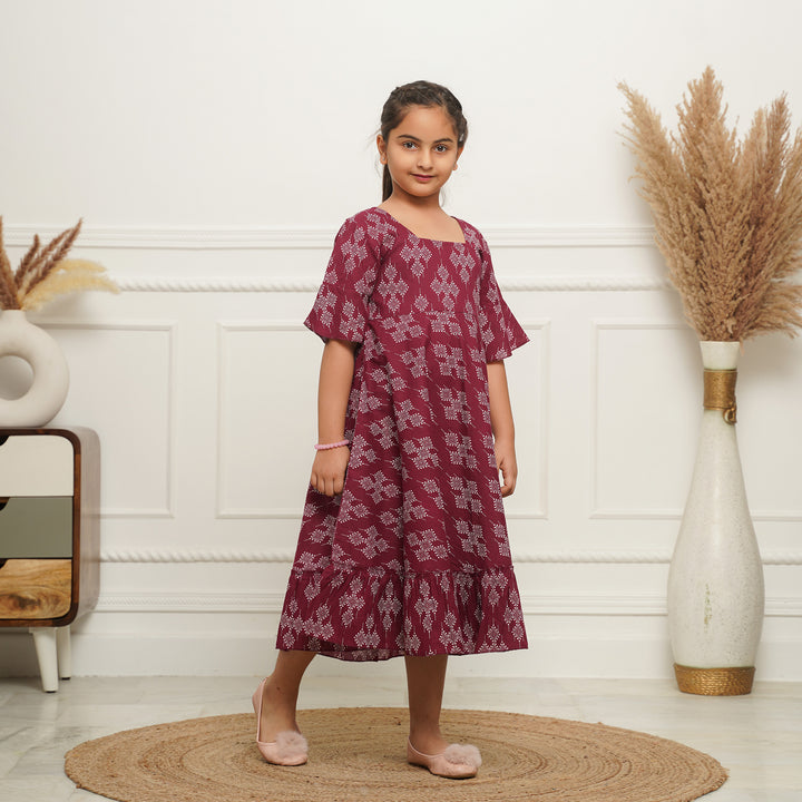 Dots on Wine Girl's Cotton Dress