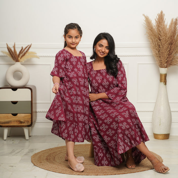 Dots on Wine Mom and Daughter Cotton Dresses