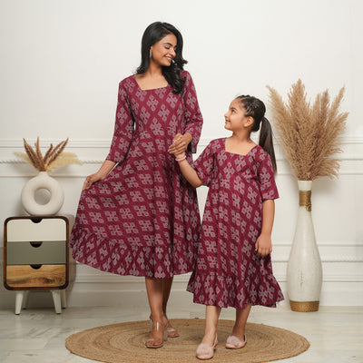 Dots on Wine Mom and Daughter Cotton Dresses