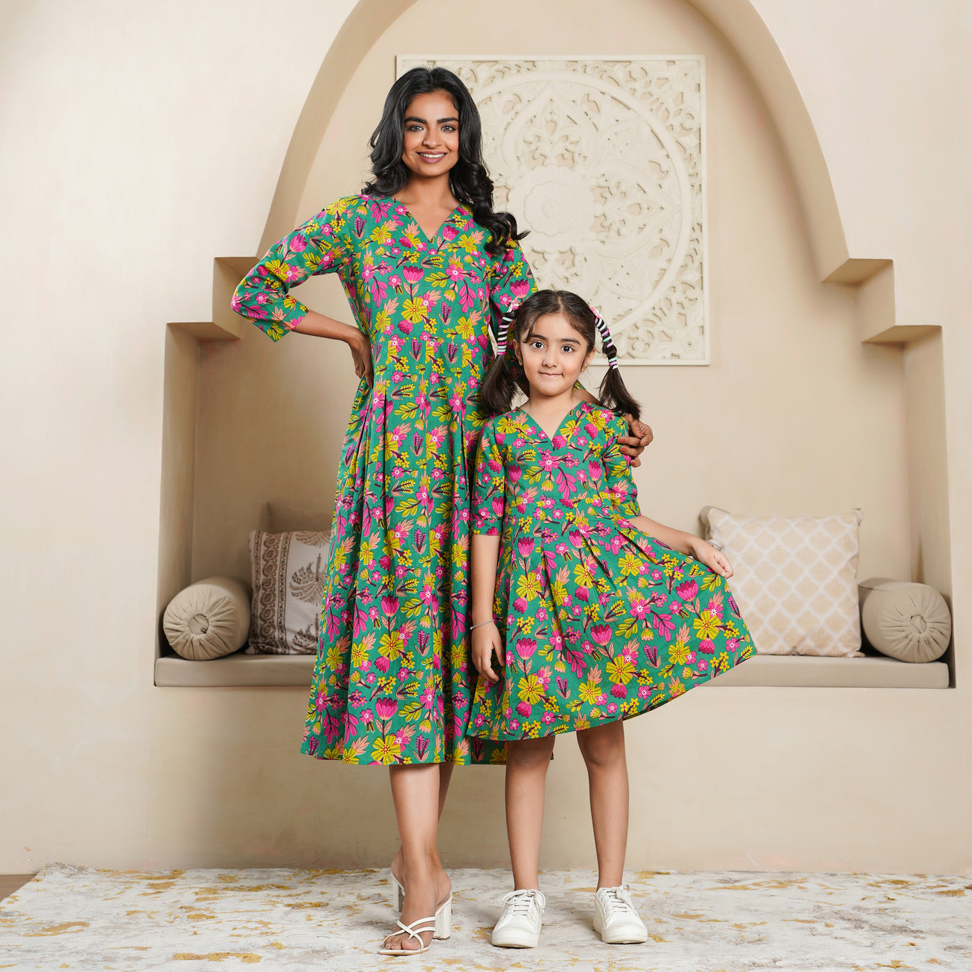 'Green Lush' Mom and Daughter Cotton Dresses