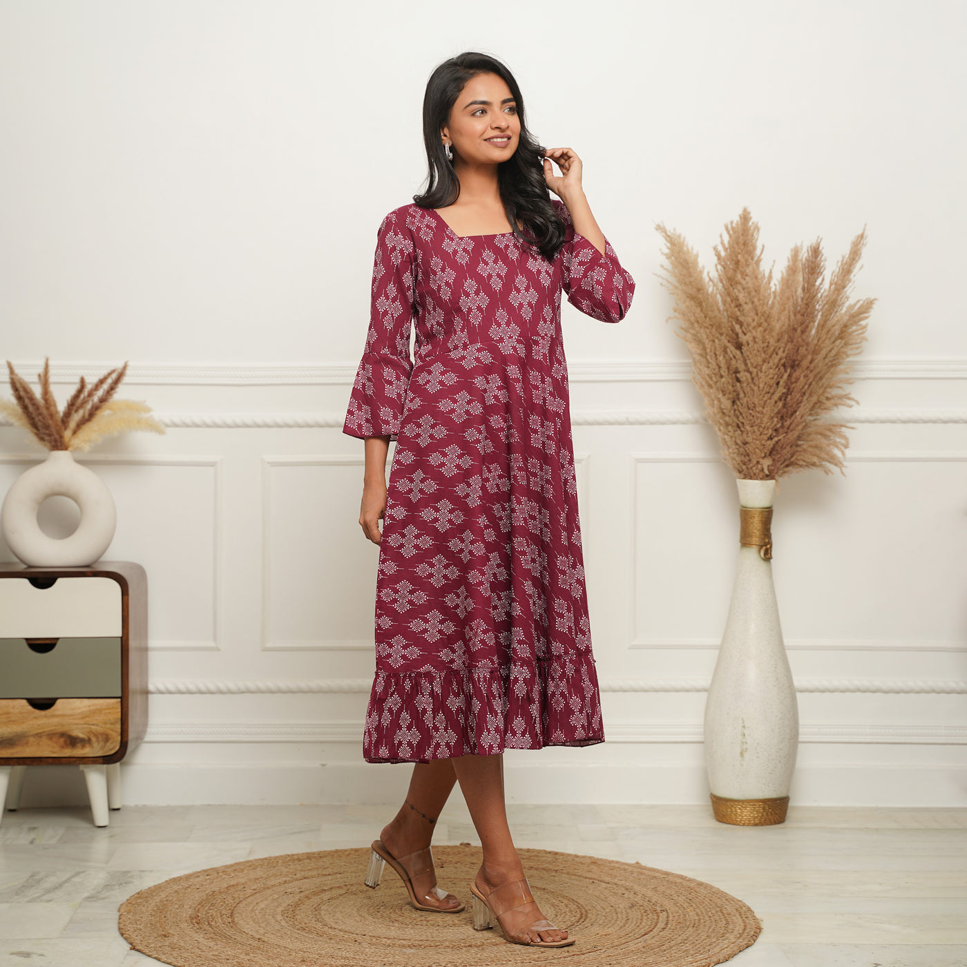 Dots on Wine Cotton Midi Dress with Pockets