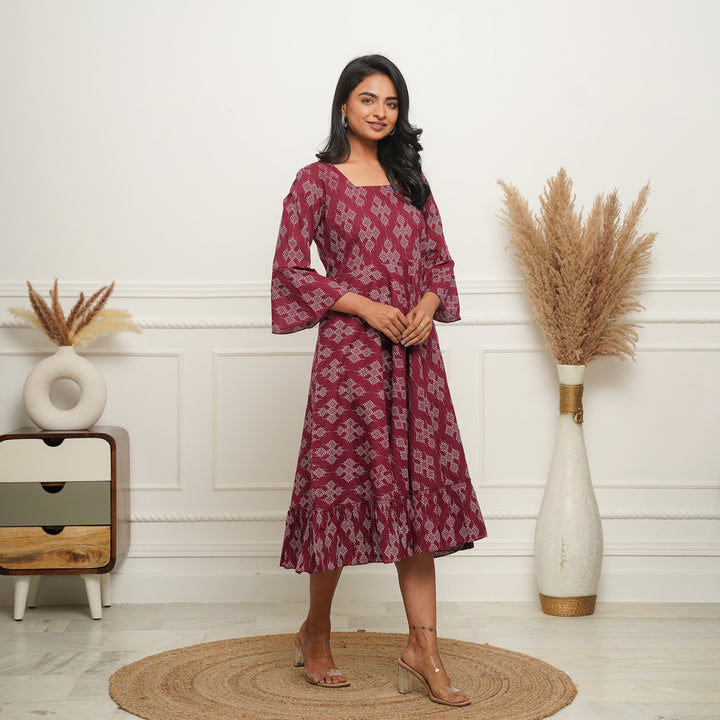 Dots on Wine Cotton Midi Dress with Pockets