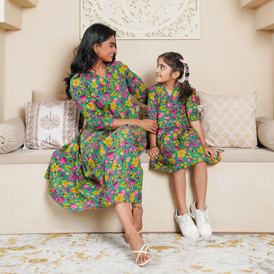 'Green Lush' Mom and Daughter Cotton Dresses