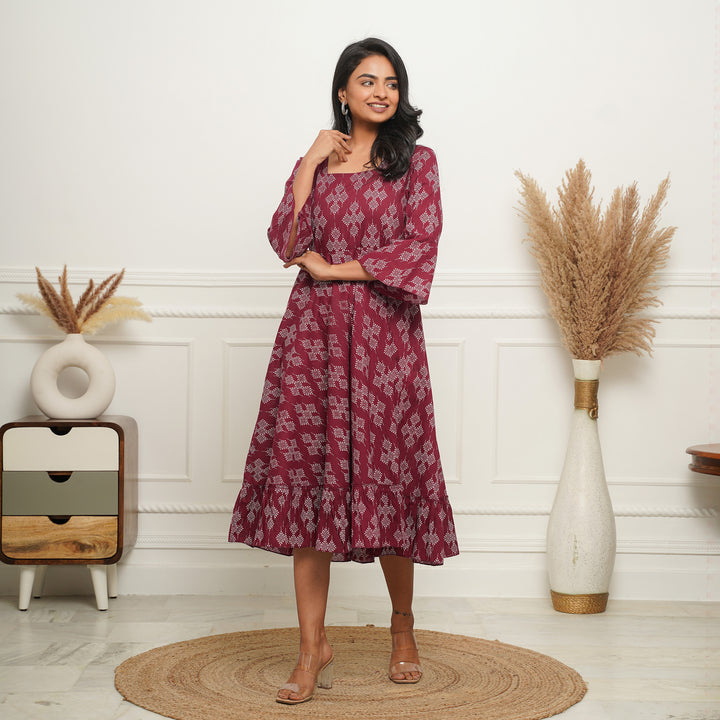 Dots on Wine Cotton Midi Dress with Pockets