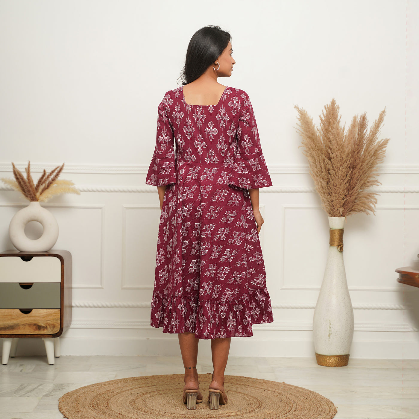 Dots on Wine Cotton Midi Dress with Pockets