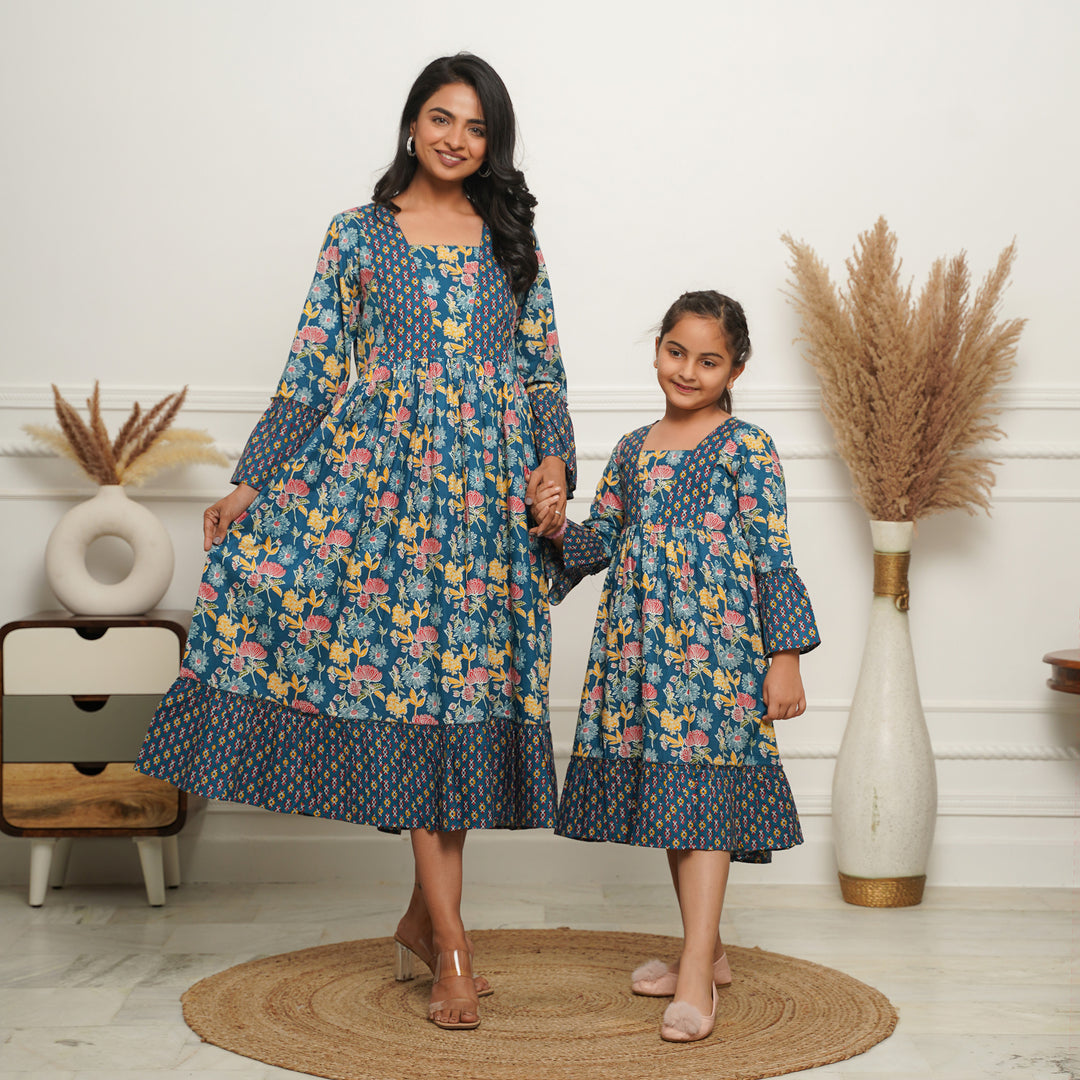 Blue Mosaic' Mom and Daughter Cotton Dresses Fashiana Blue Mosaic' Mom and Daughter Cotton Dresses Fashiana