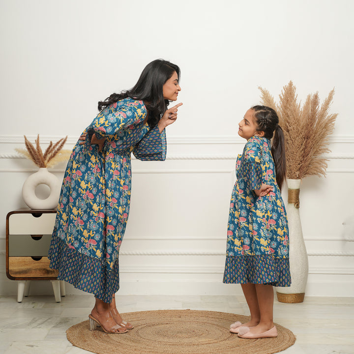 'Blue Mosaic' Mom and Daughter Cotton Dresses