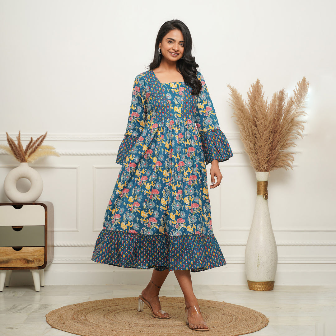 'Blue Mosaic' Cotton Midi Dress with Pockets