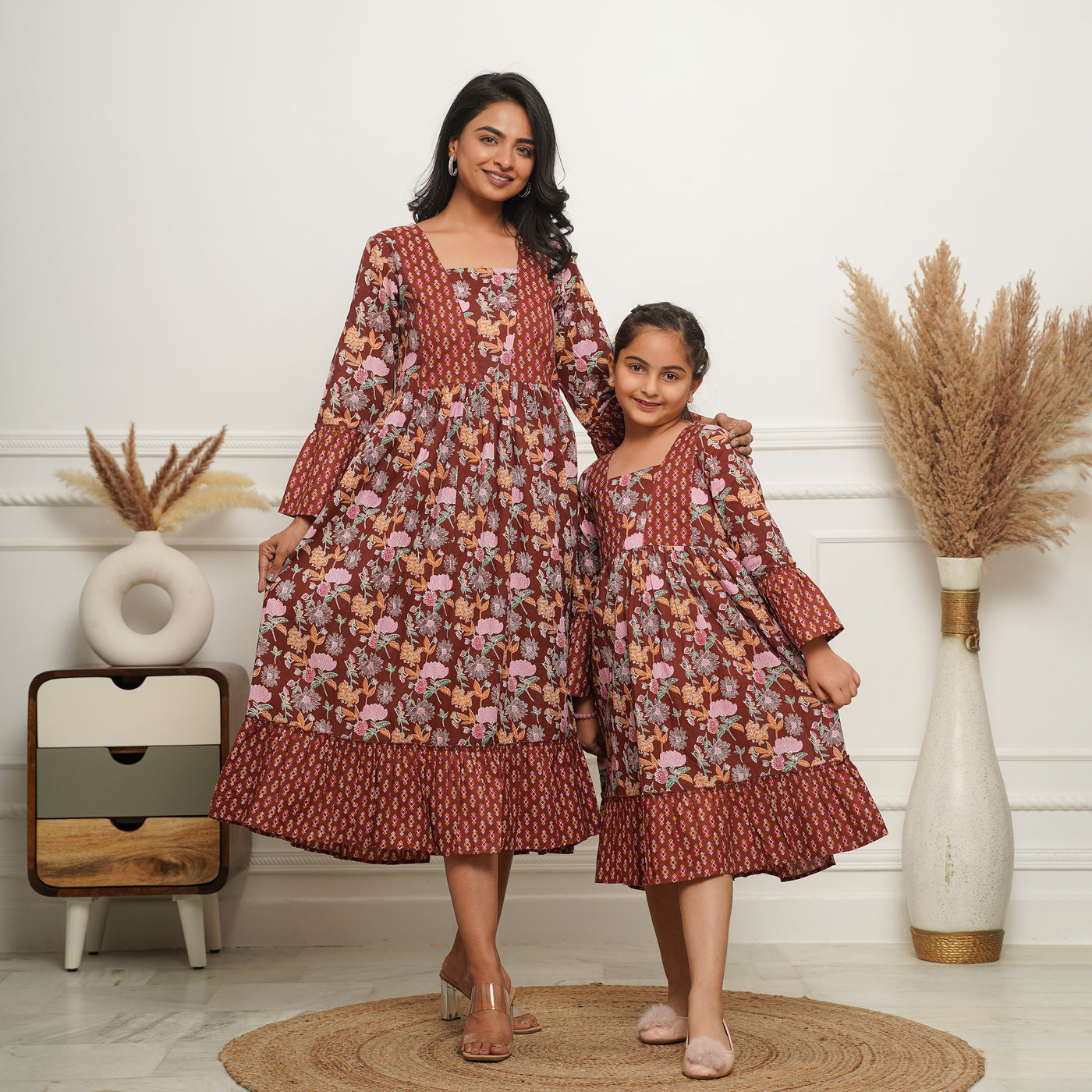 'Brown Mosaic' Mom and Daughter Cotton Dresses