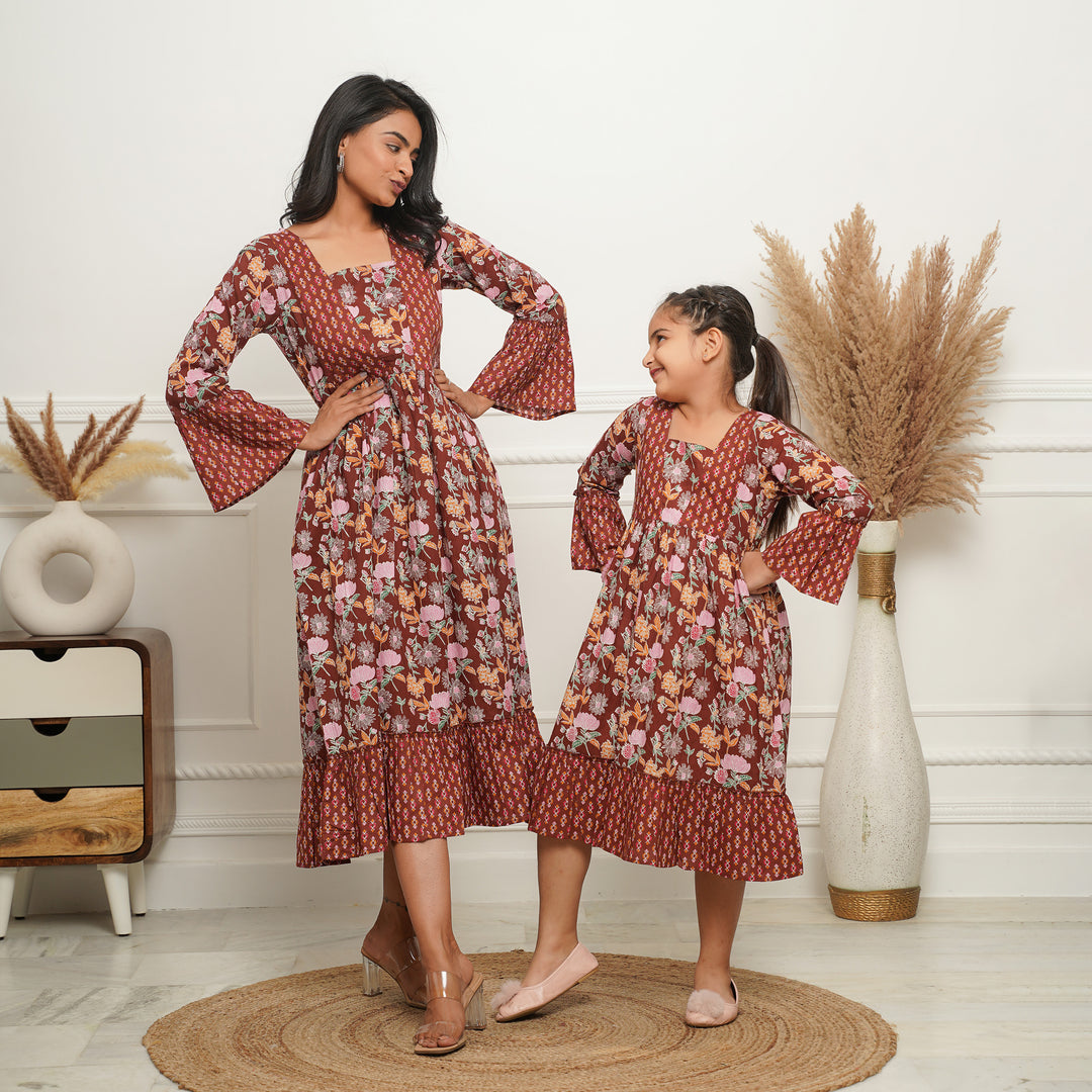 'Brown Mosaic' Mom and Daughter Cotton Dresses