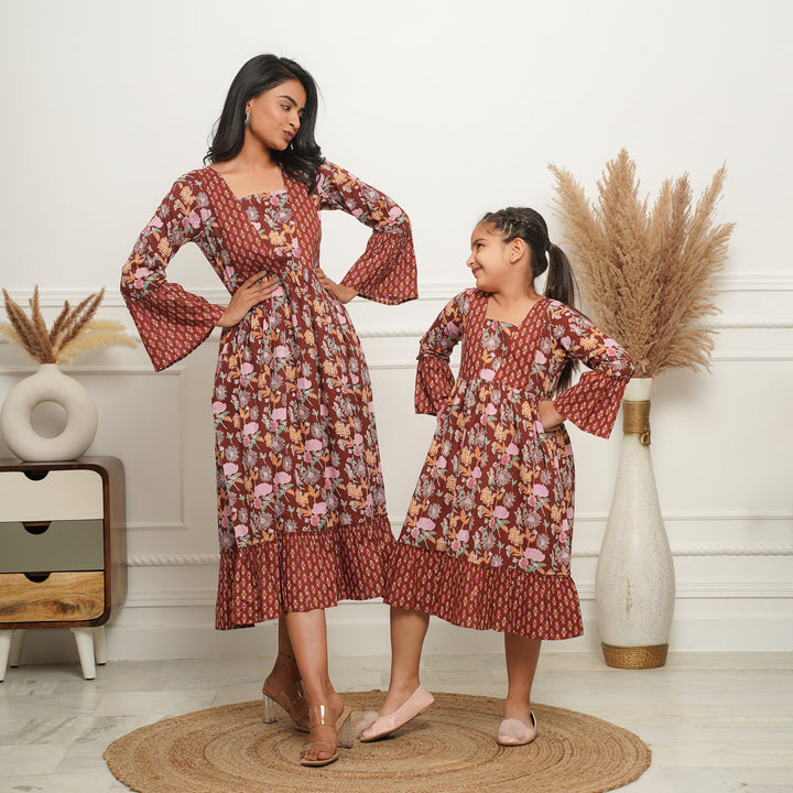 'Brown Mosaic' Mom and Daughter Cotton Dresses