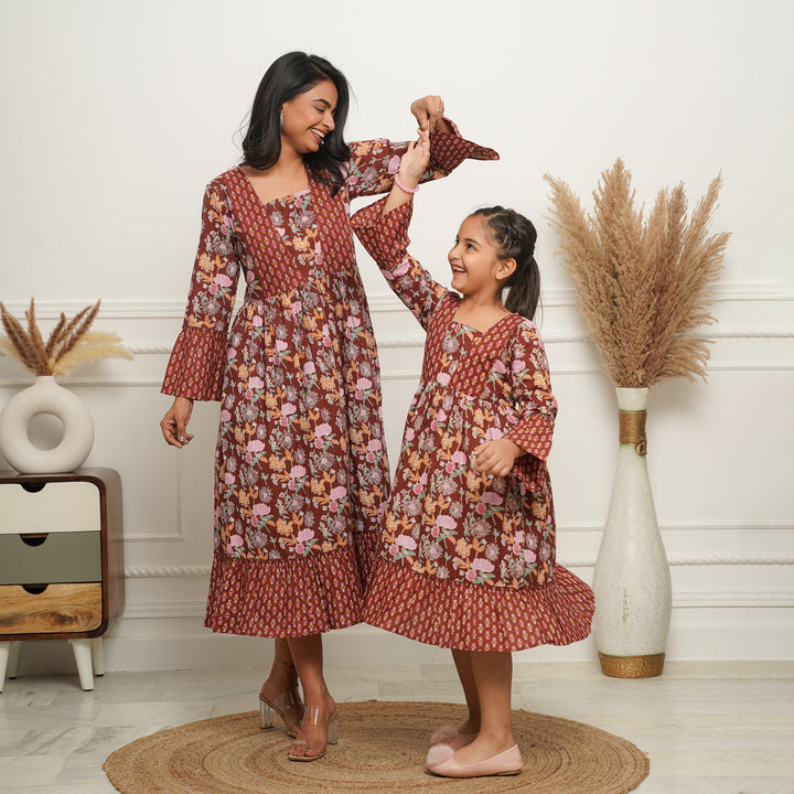 'Brown Mosaic' Mom and Daughter Cotton Dresses