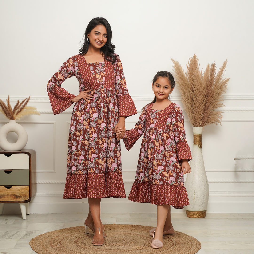 'Brown Mosaic' Mom and Daughter Cotton Dresses