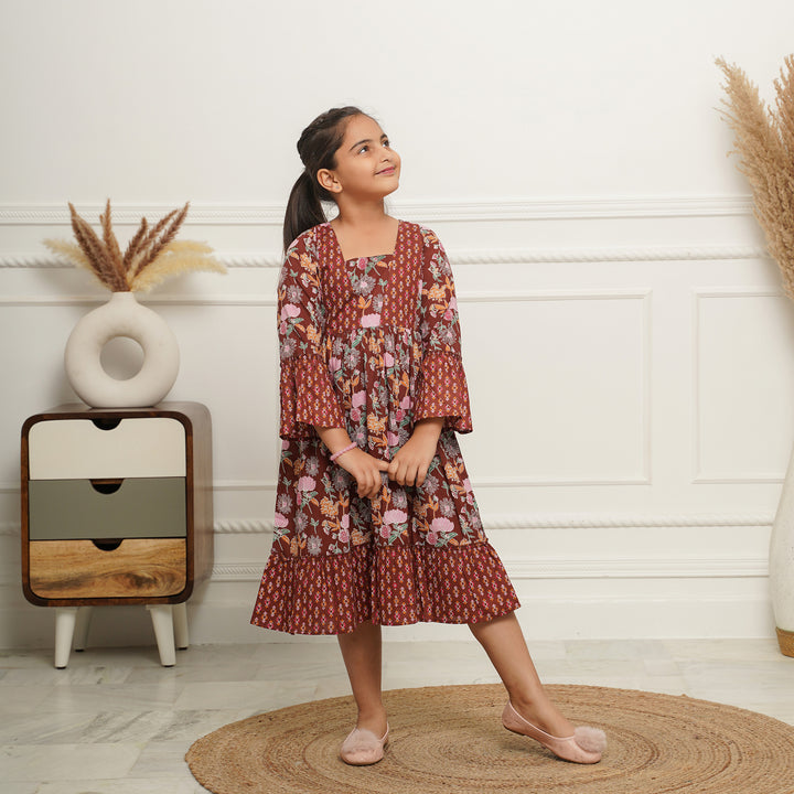 'Brown Mosaic' Girl's Cotton Dress