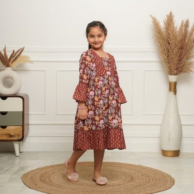 'Brown Mosaic' Girl's Cotton Dress